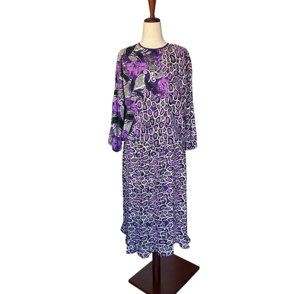 Vintage 80s Diane Freis Floral Leopard Sequin Georgette Pleat Skirt Dress Boho